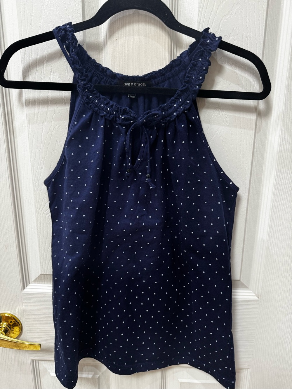 Ava & Grace Navy Polka Dot Halter Tank with Tie Neck